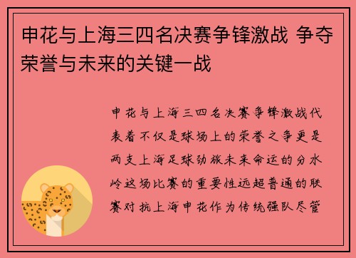 申花与上海三四名决赛争锋激战 争夺荣誉与未来的关键一战